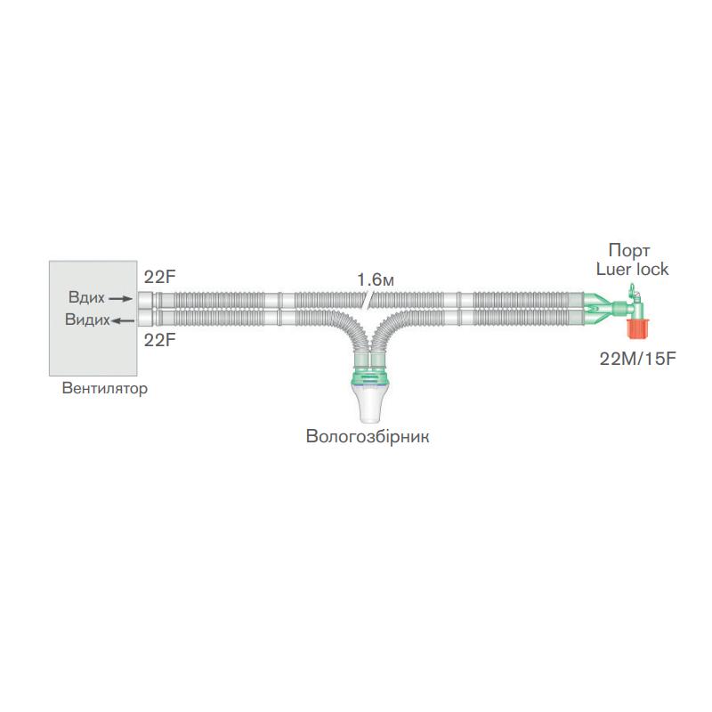 Анестезіологічна дихальна система, кутовий з`єднувач Luer, вологозбірник, педіатрична